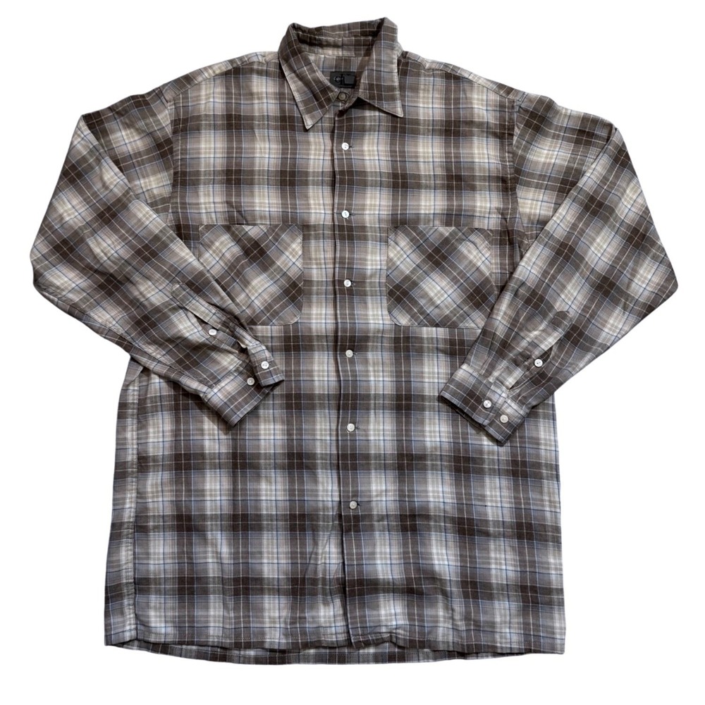 Calvin‎ Klein Mens Brown Plaid Long Sleeve Button Down Shirt Large Double Pocket